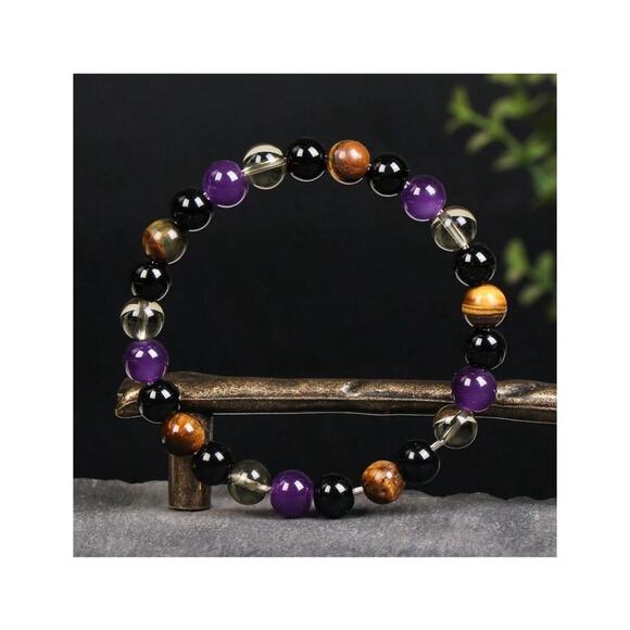 Natural Tiger Eye & Amethyst Beaded Bracelet, Stretchy Healing Crystal Bracelet - Picture 3 of 5